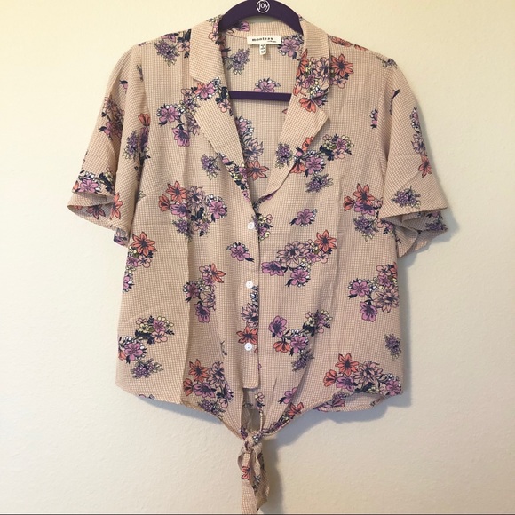 Monteau Tops - Monteau Floral Tie Front Camp Shirt